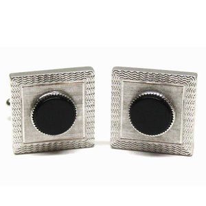 Cufflinks Brushed Square Silver Round Black Bead Curvy Frame Men Formal Wear